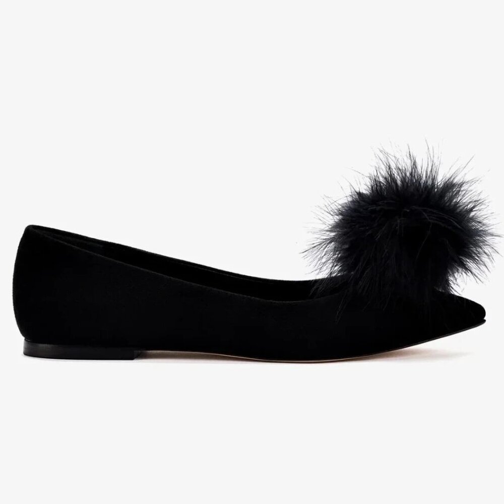 $330 LARROUDE Lee Pompom Flat Black Suede POINTY BLACK BALLET 7.5 (TE8.5)